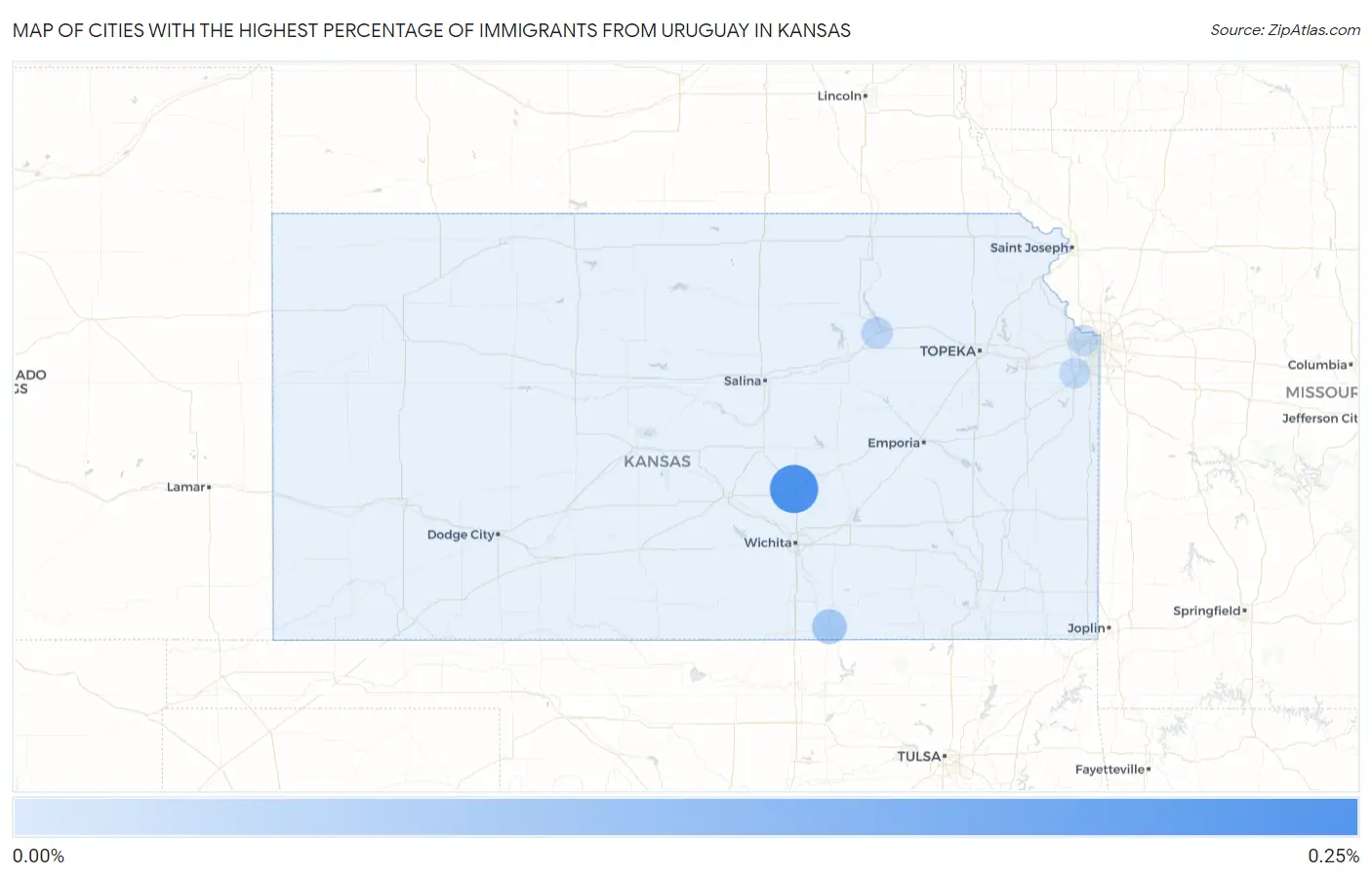 Cities with the Highest Percentage of Immigrants from Uruguay in Kansas Map