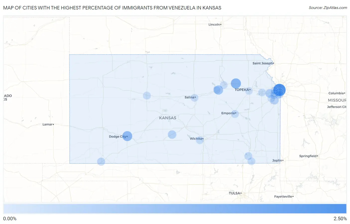 Cities with the Highest Percentage of Immigrants from Venezuela in Kansas Map