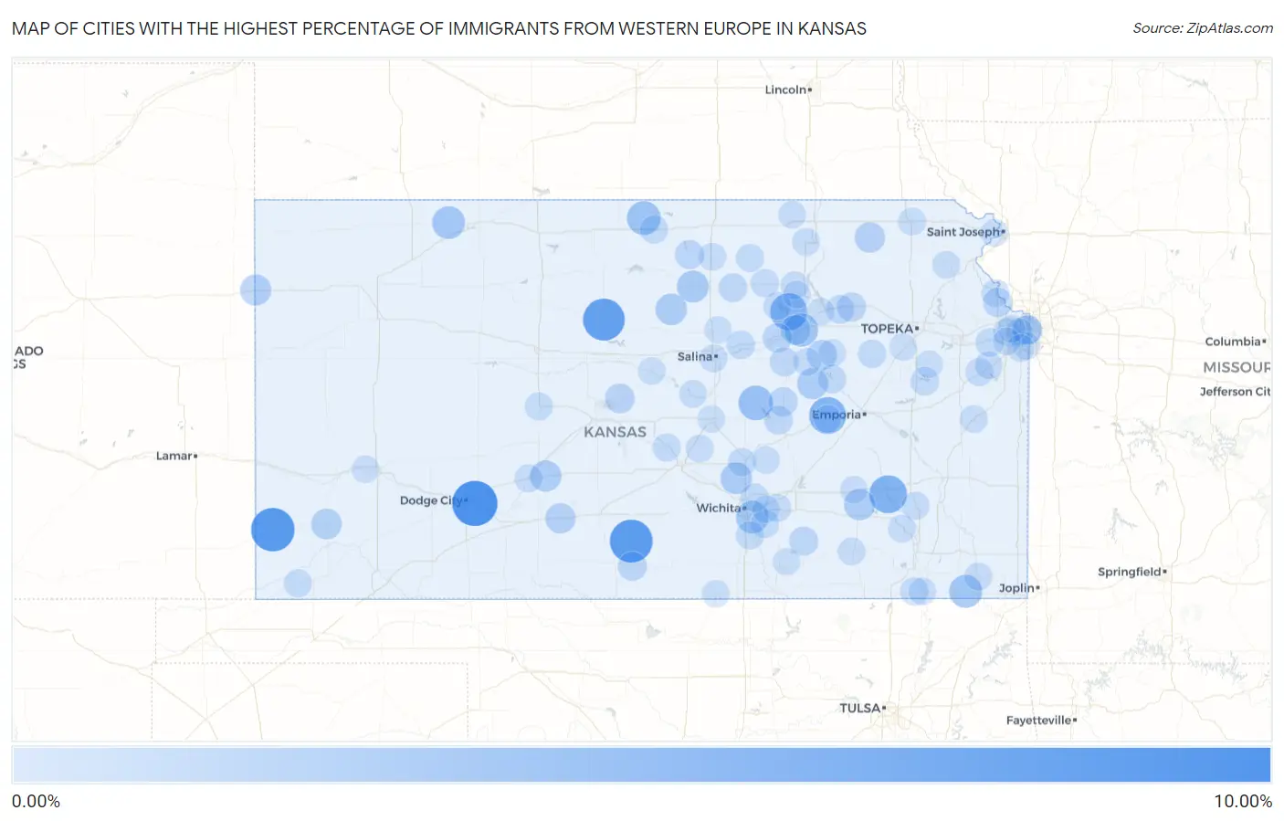 Cities with the Highest Percentage of Immigrants from Western Europe in Kansas Map