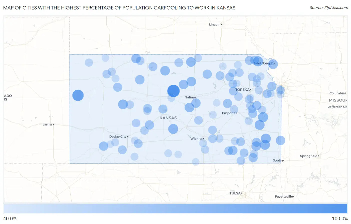 Cities with the Highest Percentage of Population Carpooling to Work in Kansas Map