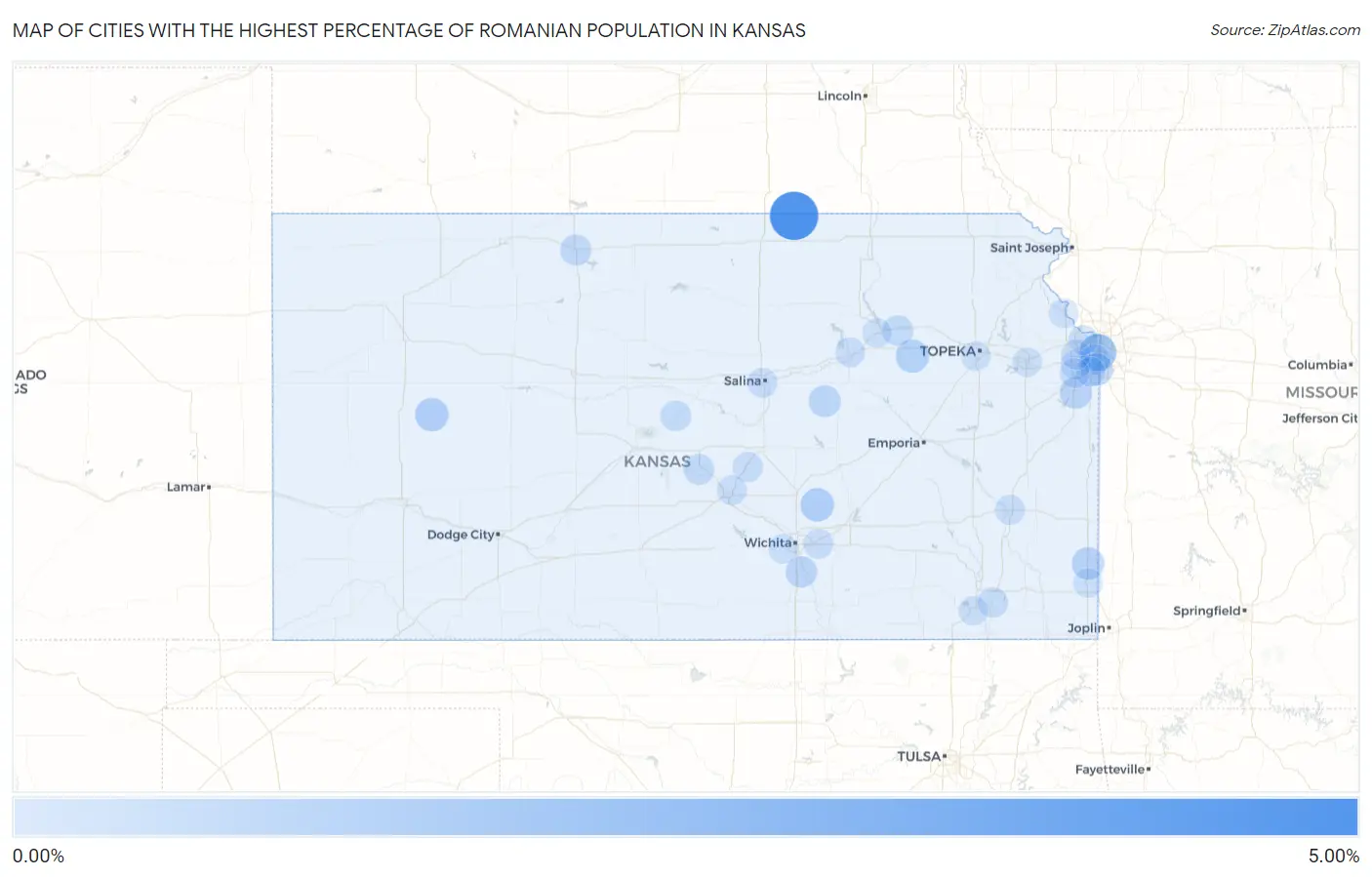 Cities with the Highest Percentage of Romanian Population in Kansas Map