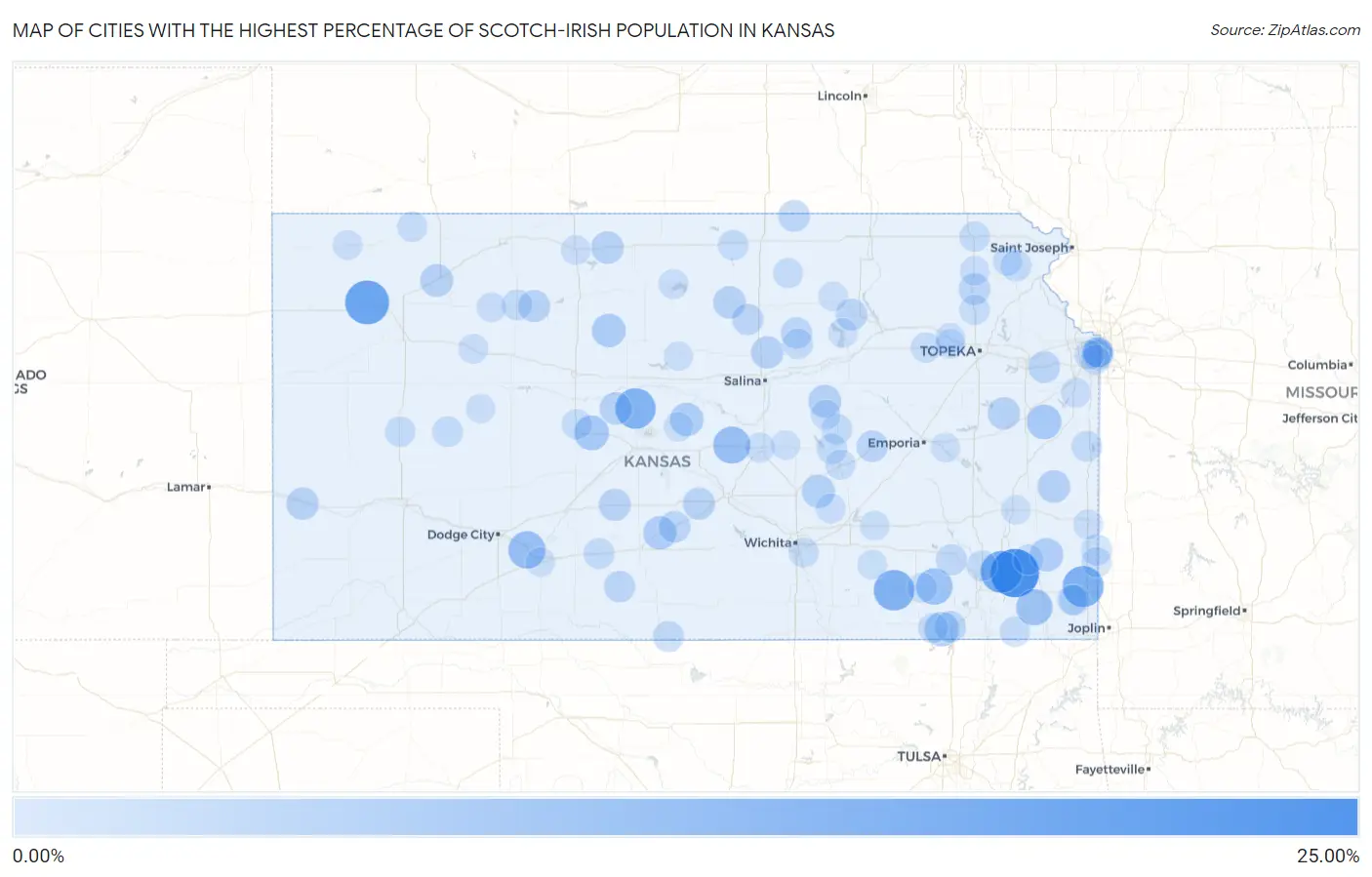 Cities with the Highest Percentage of Scotch-Irish Population in Kansas Map