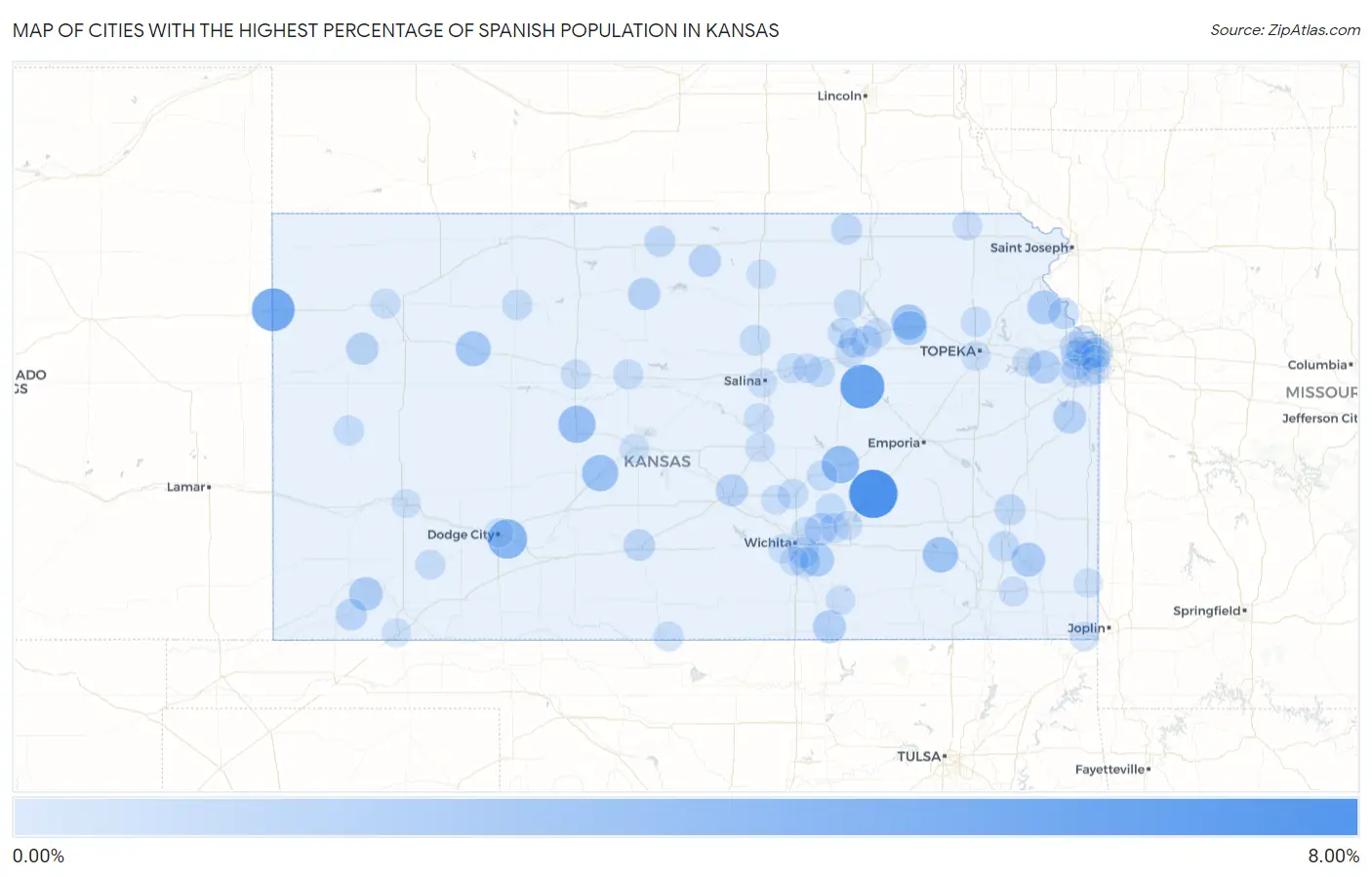 Cities with the Highest Percentage of Spanish Population in Kansas Map