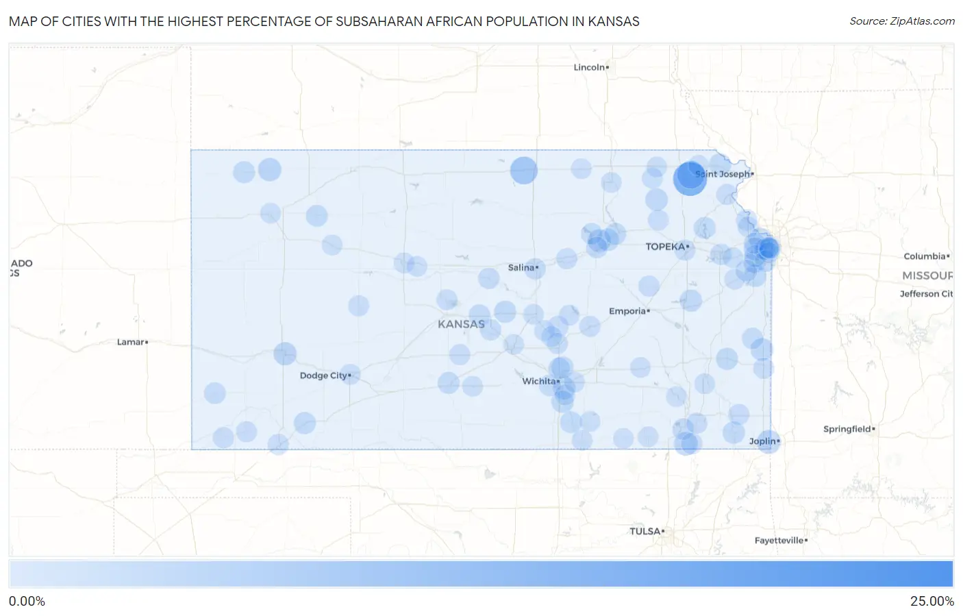 Cities with the Highest Percentage of Subsaharan African Population in Kansas Map