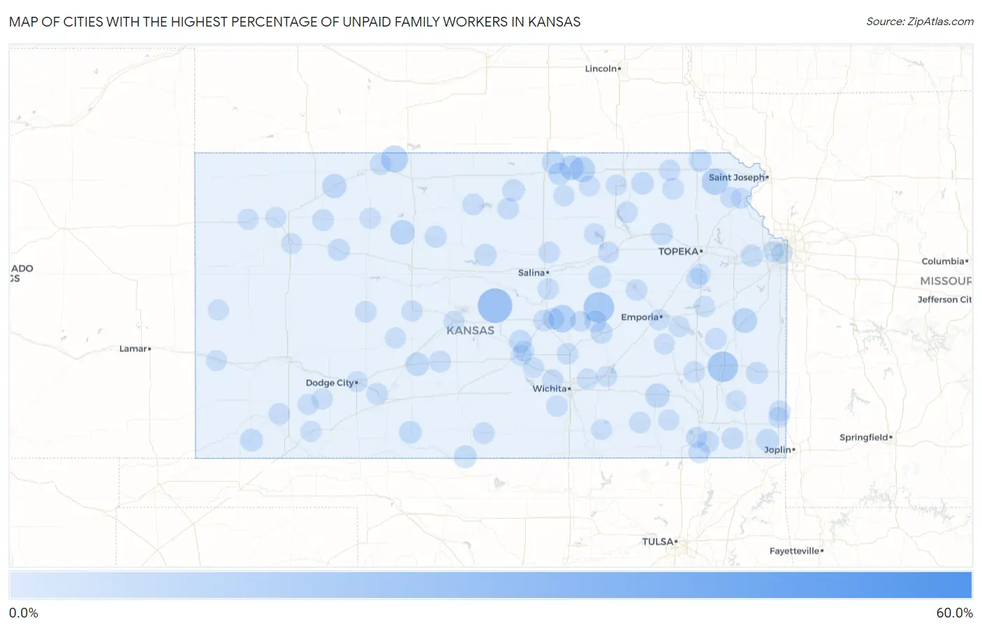 Cities with the Highest Percentage of Unpaid Family Workers in Kansas Map