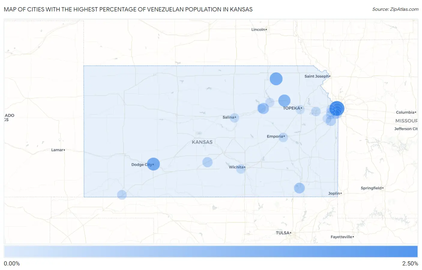 Cities with the Highest Percentage of Venezuelan Population in Kansas Map