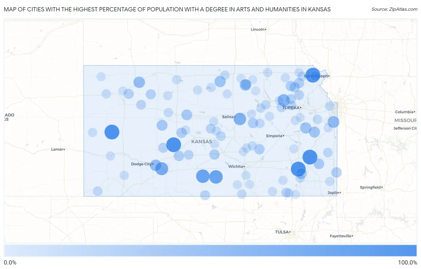 Cities with the Highest Percentage of Population with a Degree in Arts and Humanities in Kansas Map