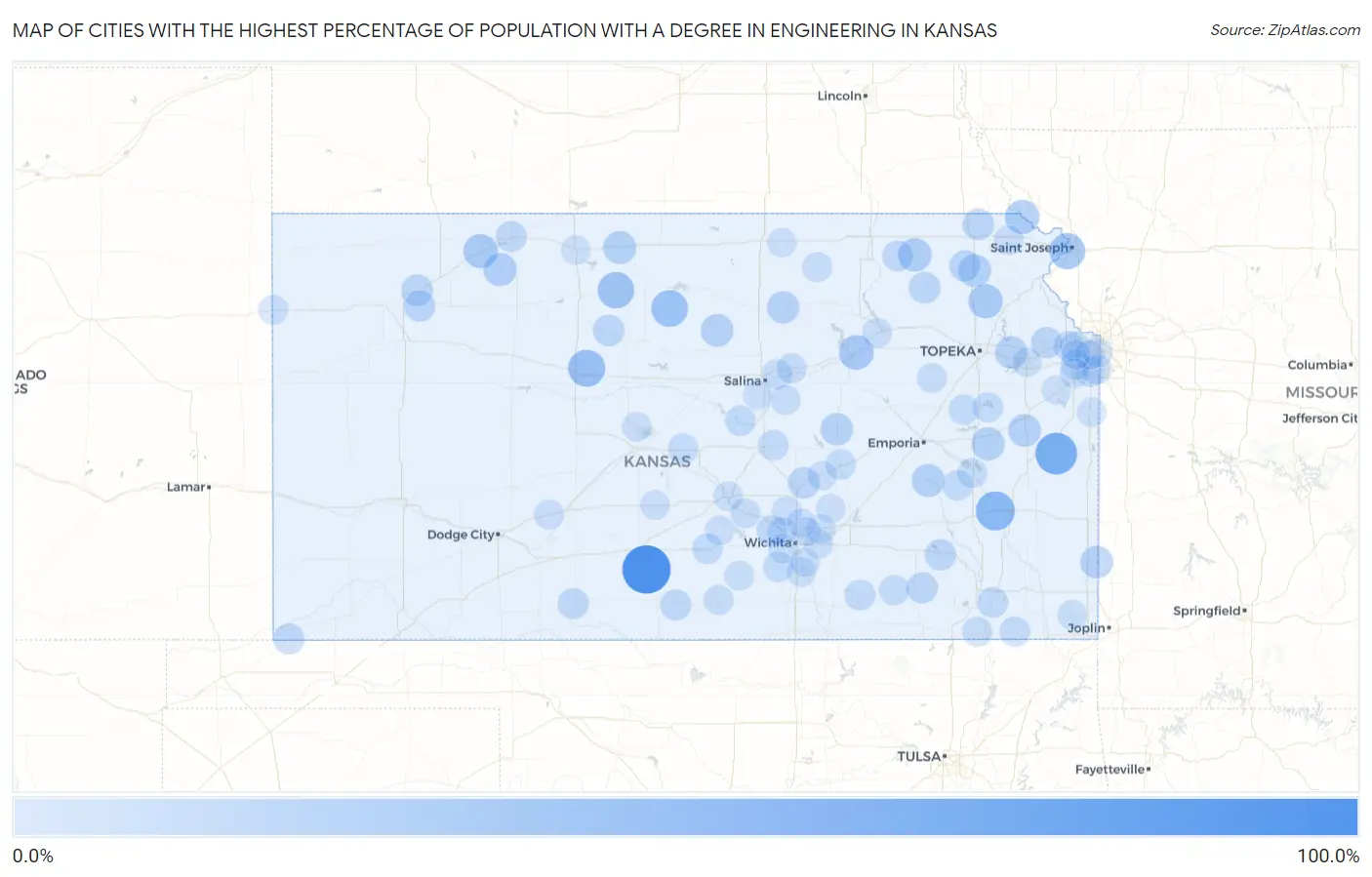 Cities with the Highest Percentage of Population with a Degree in Engineering in Kansas Map