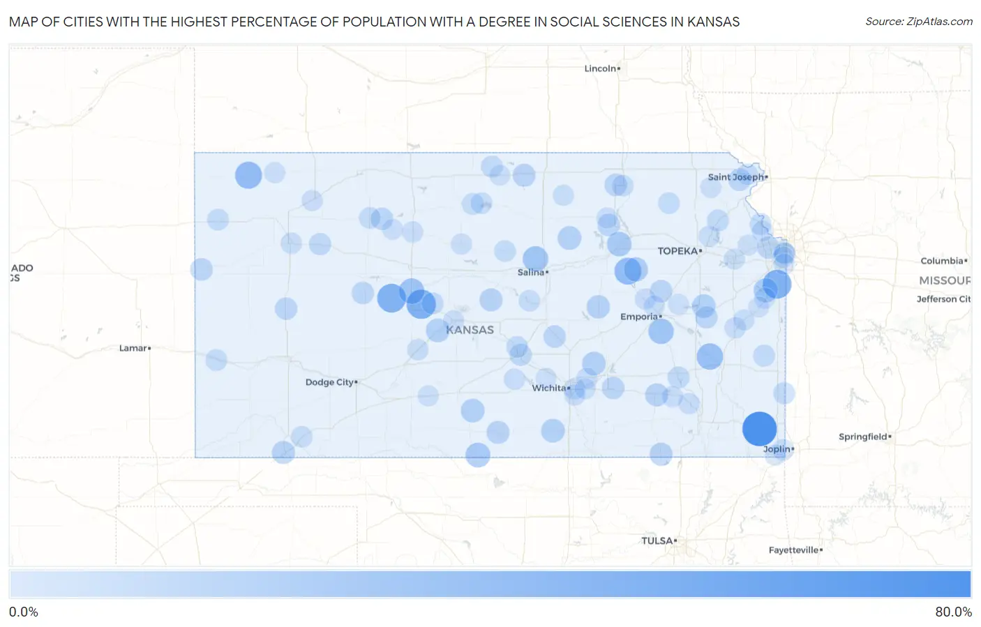 Cities with the Highest Percentage of Population with a Degree in Social Sciences in Kansas Map