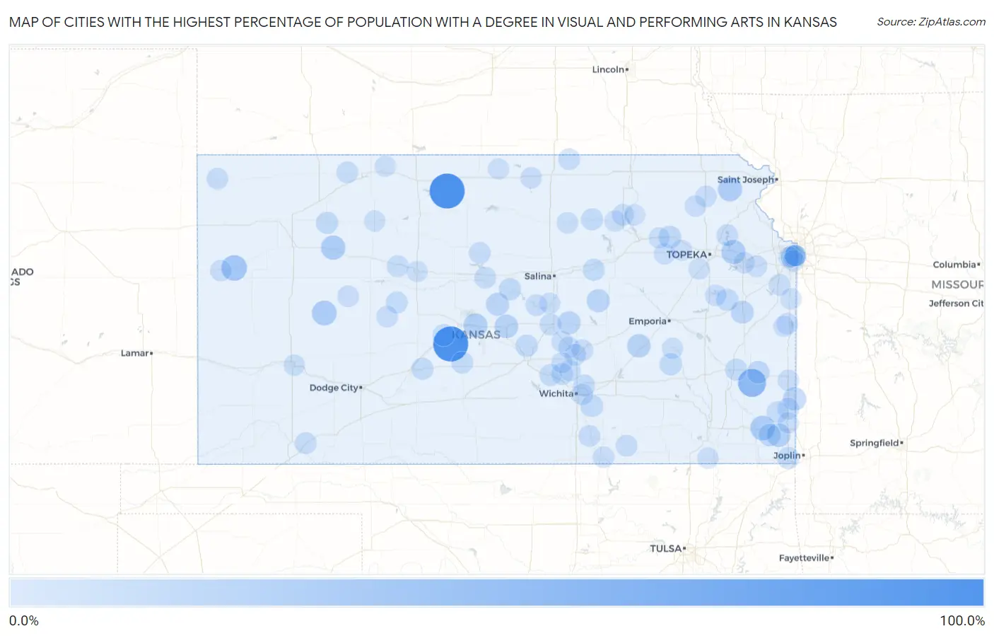 Cities with the Highest Percentage of Population with a Degree in Visual and Performing Arts in Kansas Map