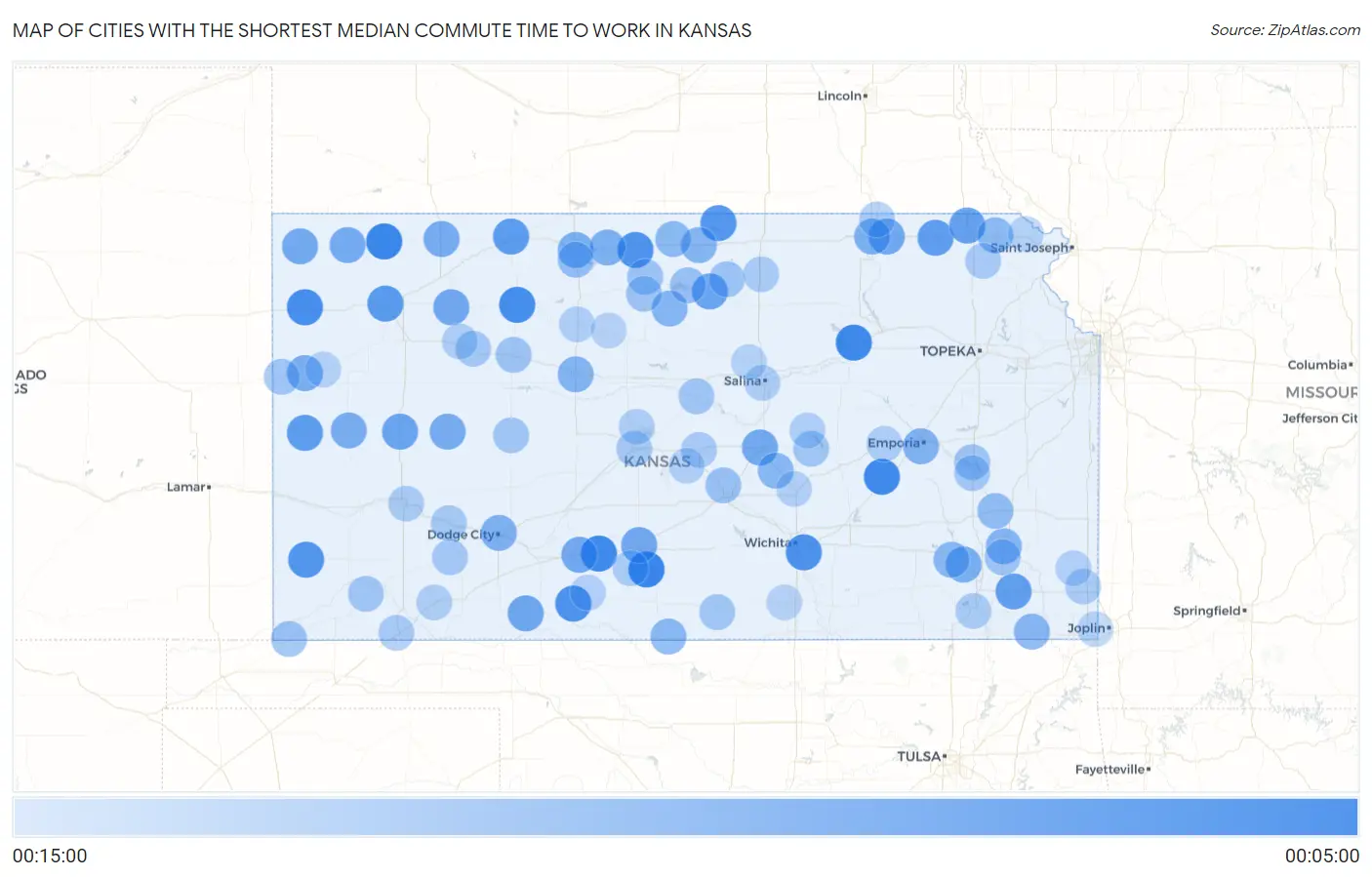 Cities with the Shortest Median Commute Time to Work in Kansas Map