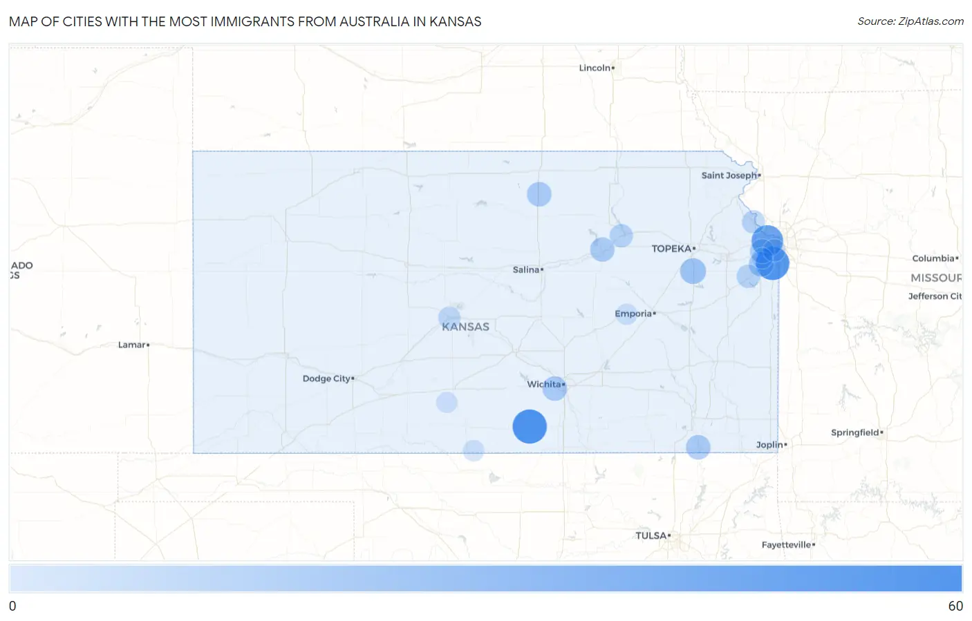 Cities with the Most Immigrants from Australia in Kansas Map