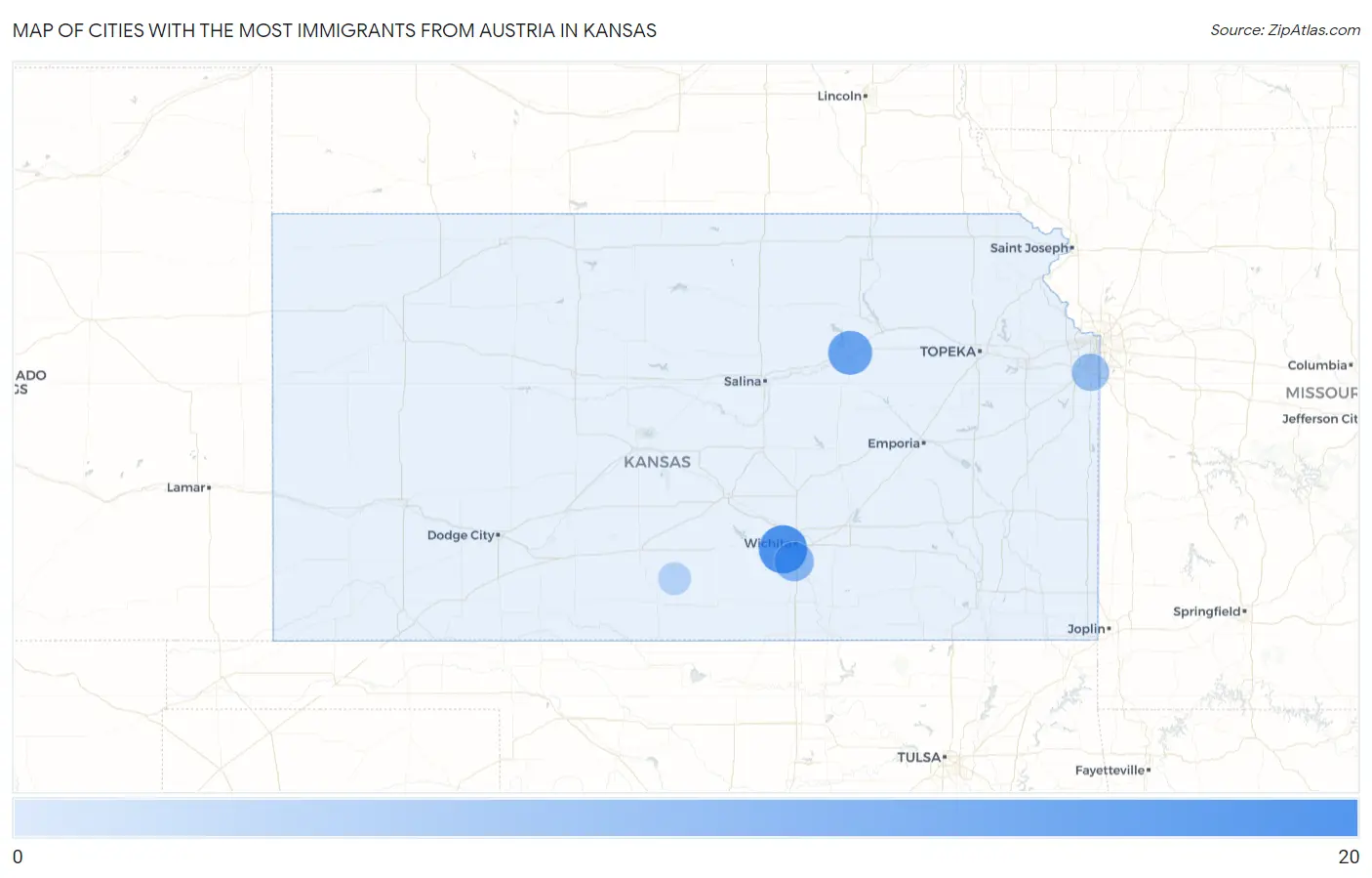 Cities with the Most Immigrants from Austria in Kansas Map