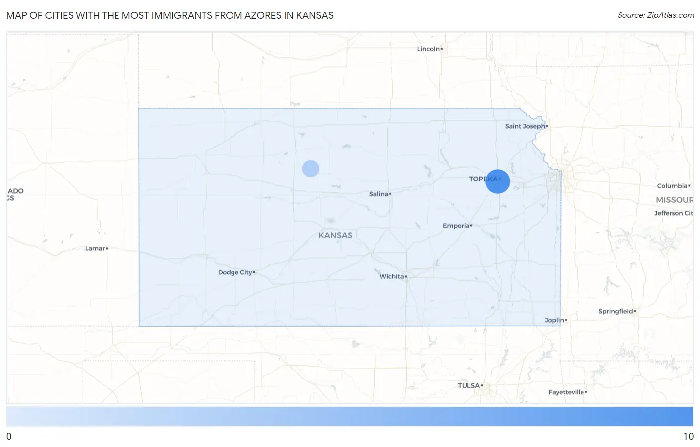 Cities with the Most Immigrants from Azores in Kansas Map