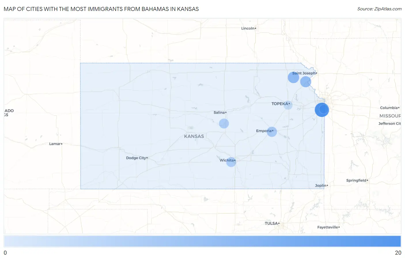 Cities with the Most Immigrants from Bahamas in Kansas Map
