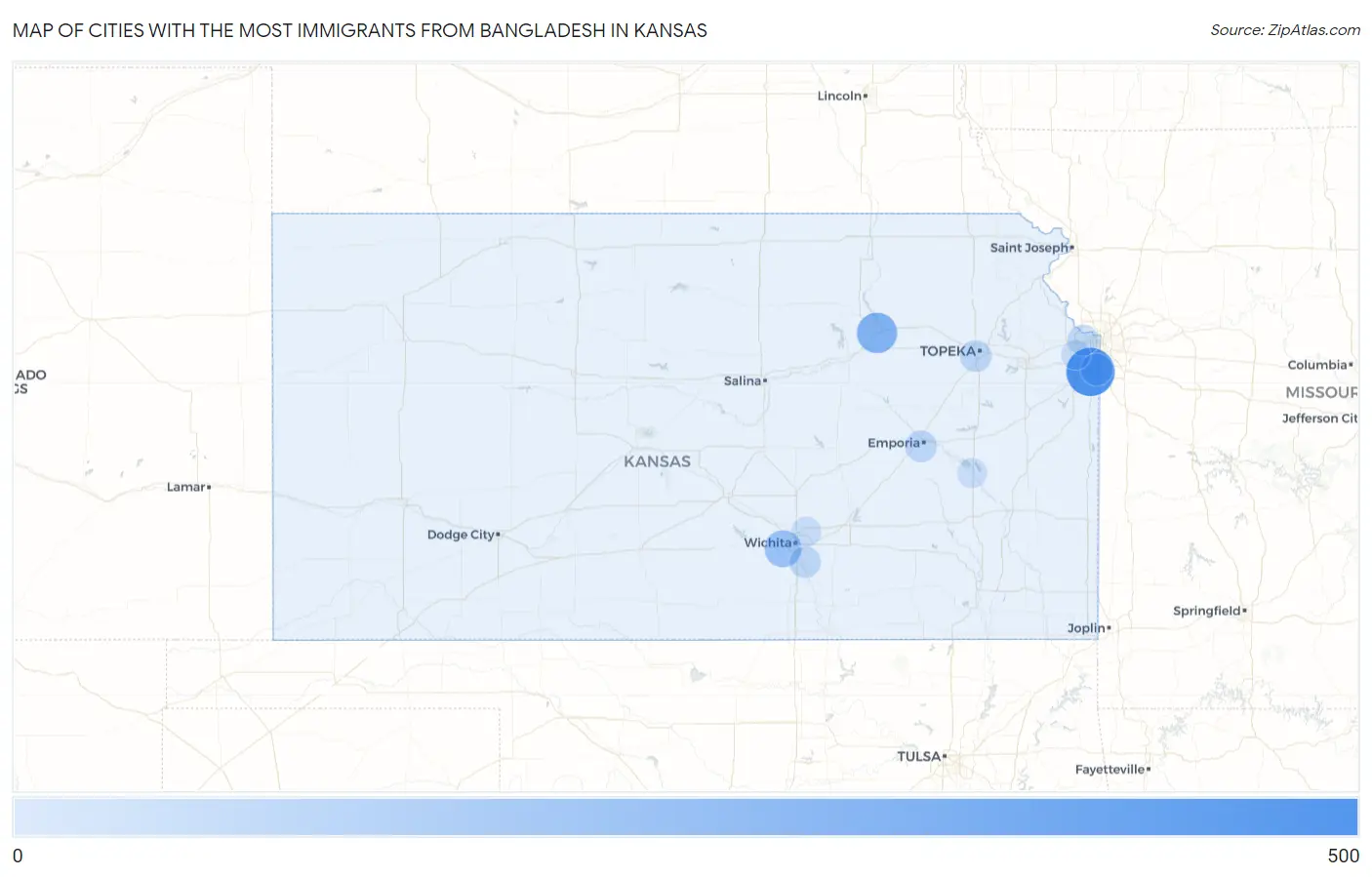Cities with the Most Immigrants from Bangladesh in Kansas Map
