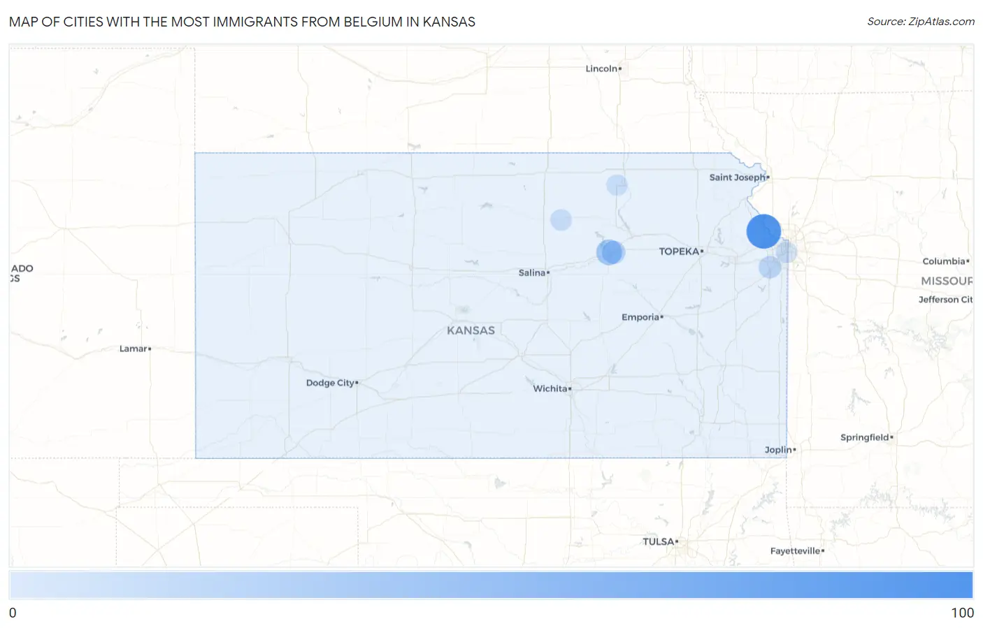 Cities with the Most Immigrants from Belgium in Kansas Map