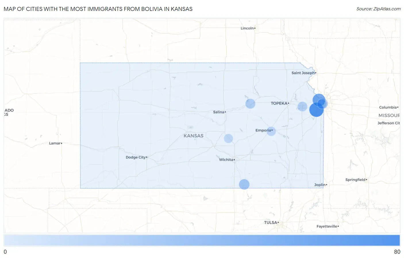 Cities with the Most Immigrants from Bolivia in Kansas Map