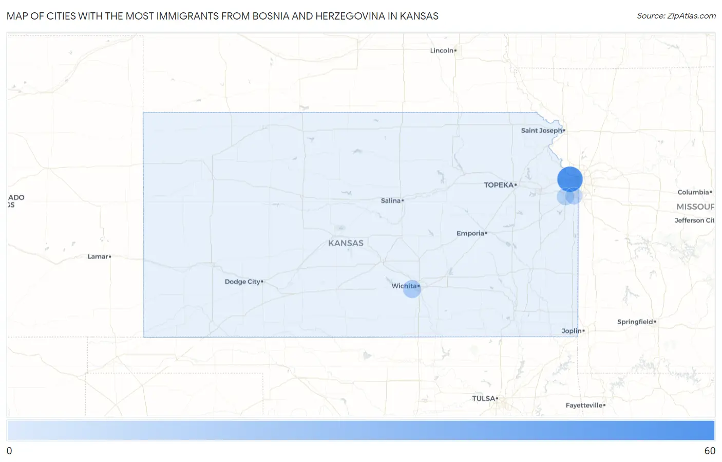 Cities with the Most Immigrants from Bosnia and Herzegovina in Kansas Map