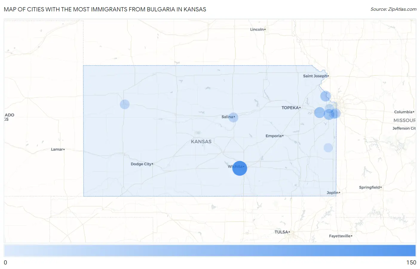 Cities with the Most Immigrants from Bulgaria in Kansas Map