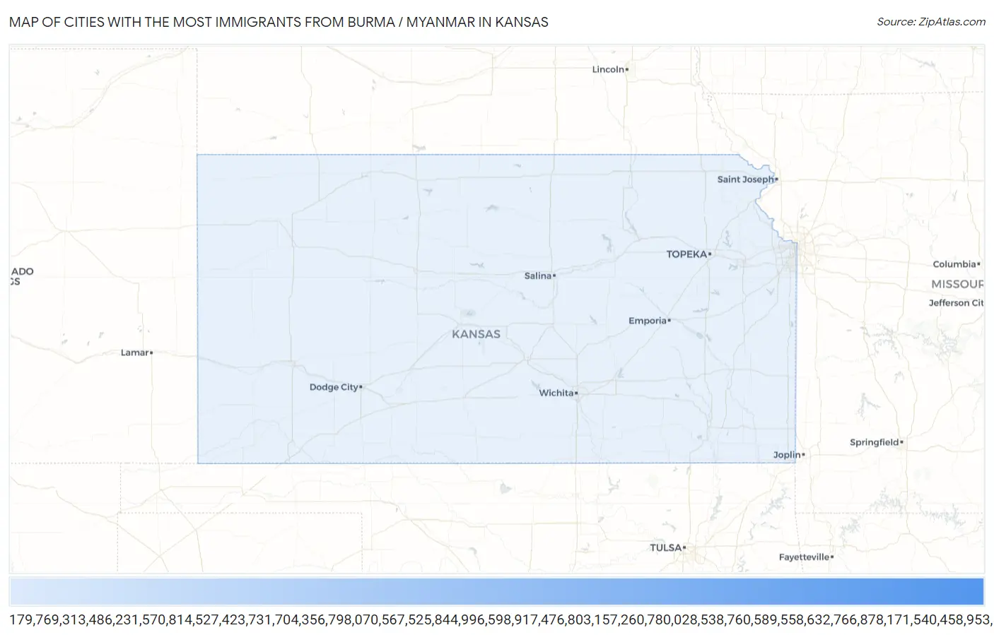 Cities with the Most Immigrants from Burma / Myanmar in Kansas Map