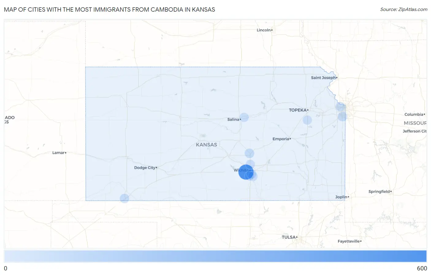 Cities with the Most Immigrants from Cambodia in Kansas Map