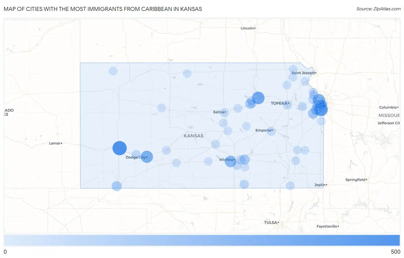 Cities with the Most Immigrants from Caribbean in Kansas Map