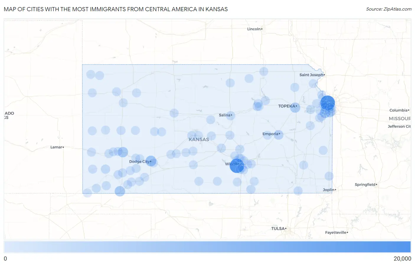 Cities with the Most Immigrants from Central America in Kansas Map