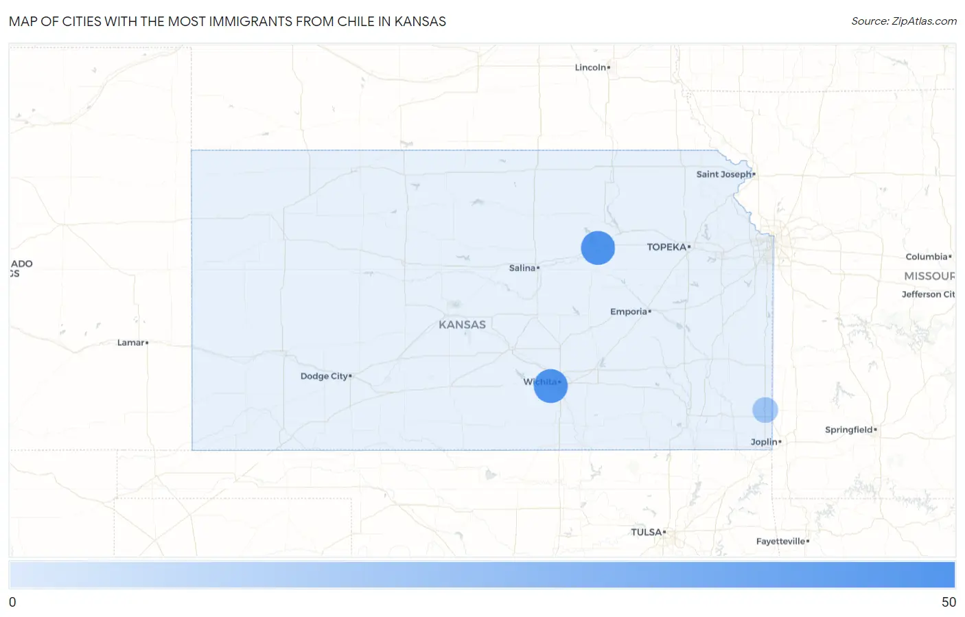 Cities with the Most Immigrants from Chile in Kansas Map