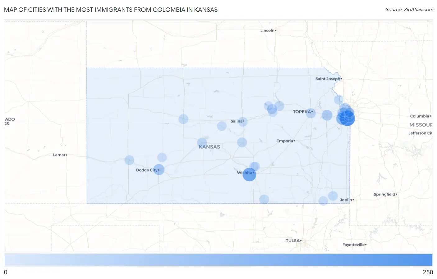 Cities with the Most Immigrants from Colombia in Kansas Map