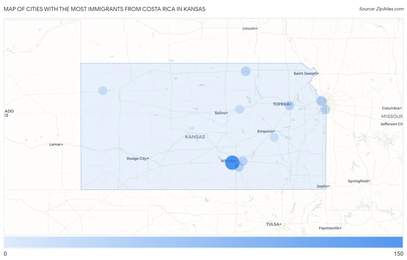Cities with the Most Immigrants from Costa Rica in Kansas Map