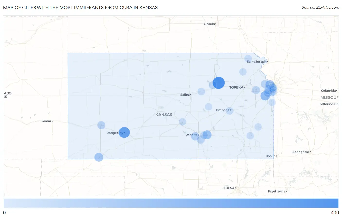 Cities with the Most Immigrants from Cuba in Kansas Map
