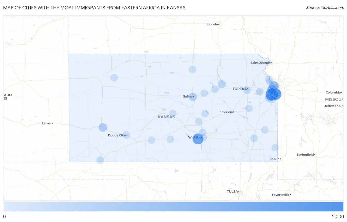 Cities with the Most Immigrants from Eastern Africa in Kansas Map