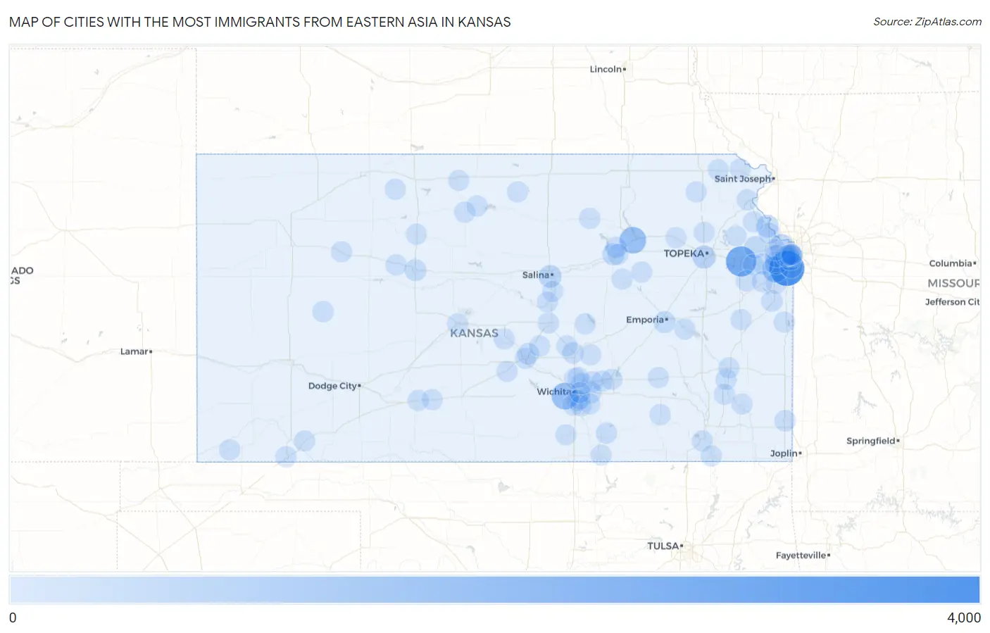 Cities with the Most Immigrants from Eastern Asia in Kansas Map