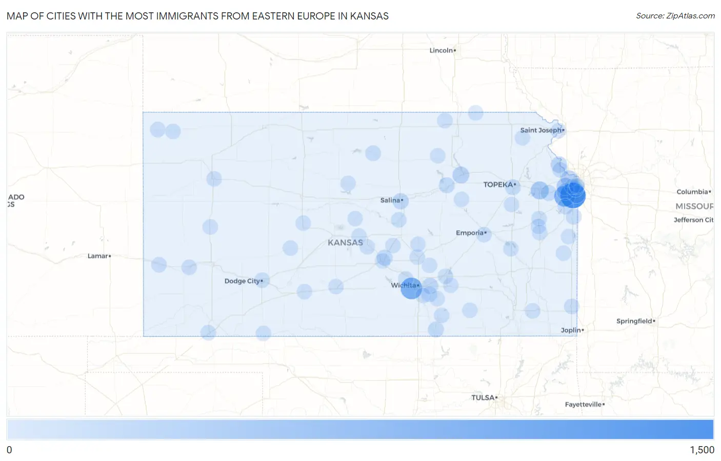 Cities with the Most Immigrants from Eastern Europe in Kansas Map