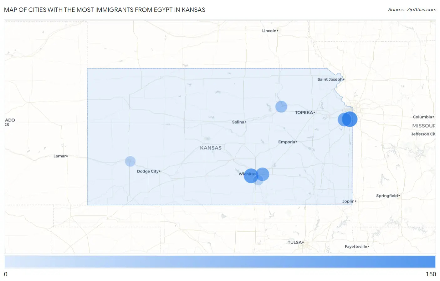 Cities with the Most Immigrants from Egypt in Kansas Map