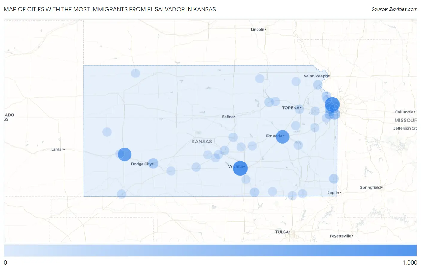 Cities with the Most Immigrants from El Salvador in Kansas Map