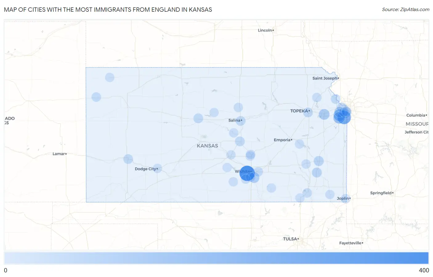 Cities with the Most Immigrants from England in Kansas Map