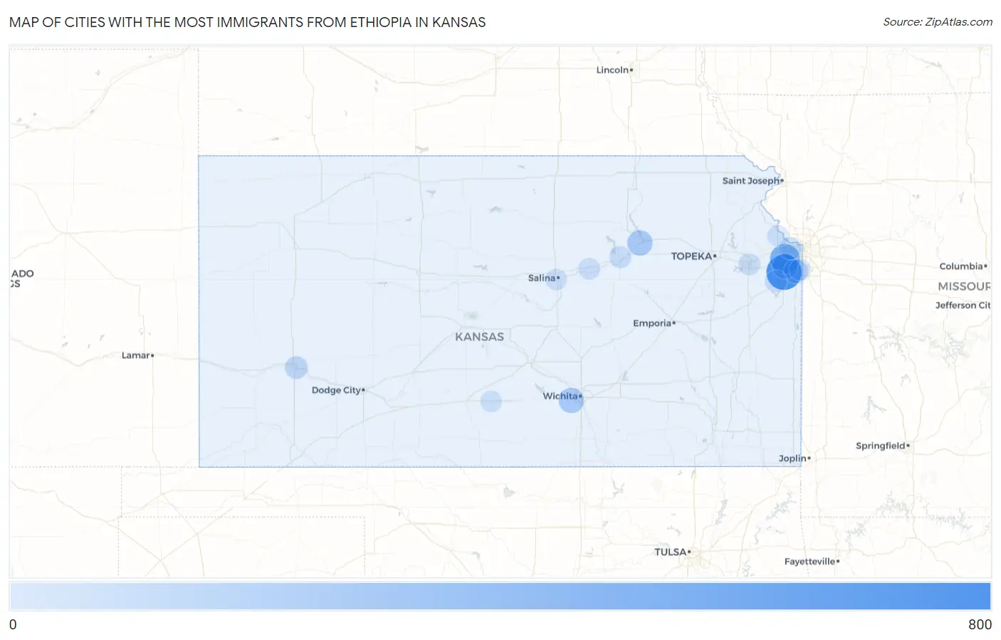 Cities with the Most Immigrants from Ethiopia in Kansas Map