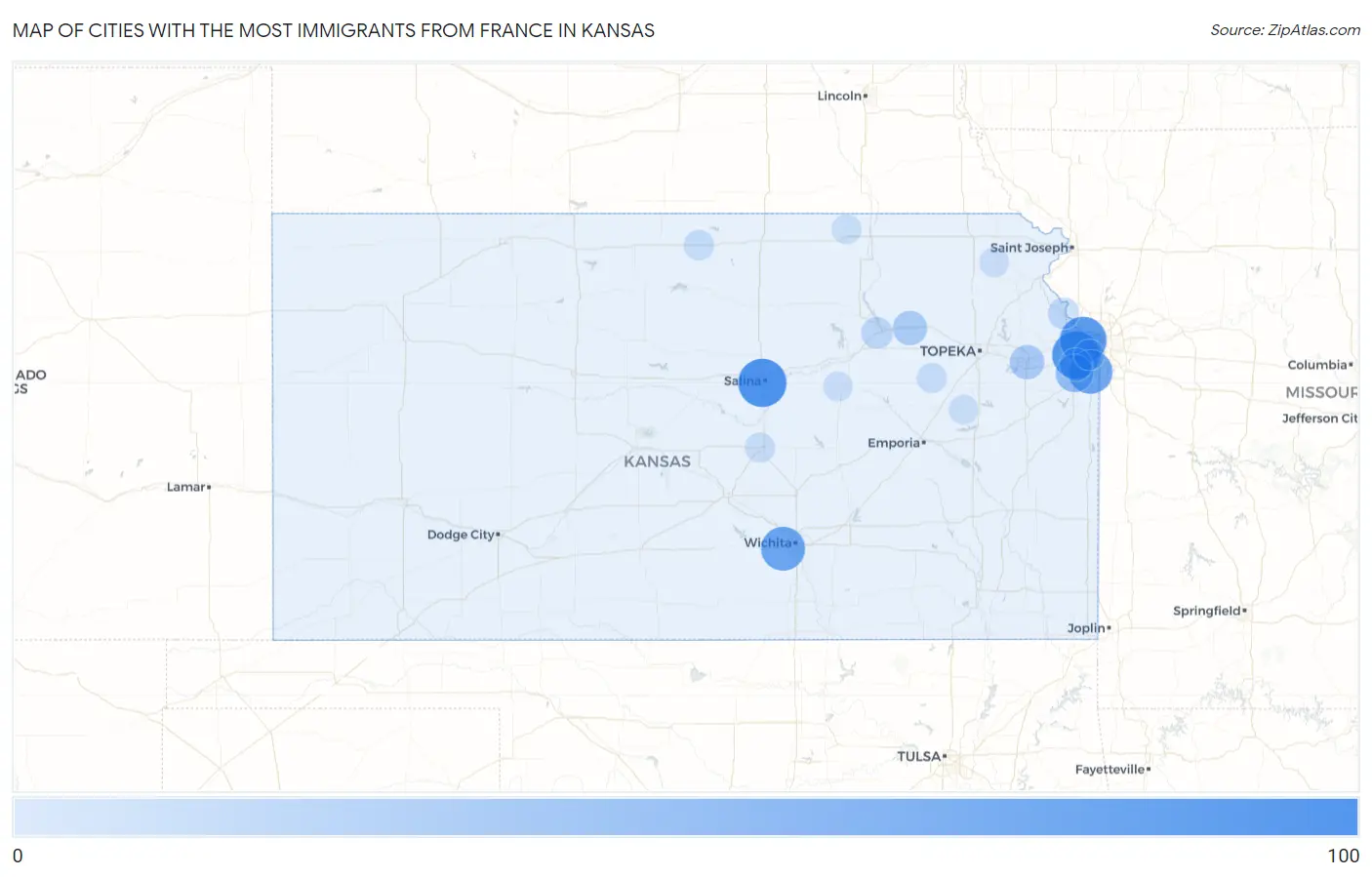 Cities with the Most Immigrants from France in Kansas Map