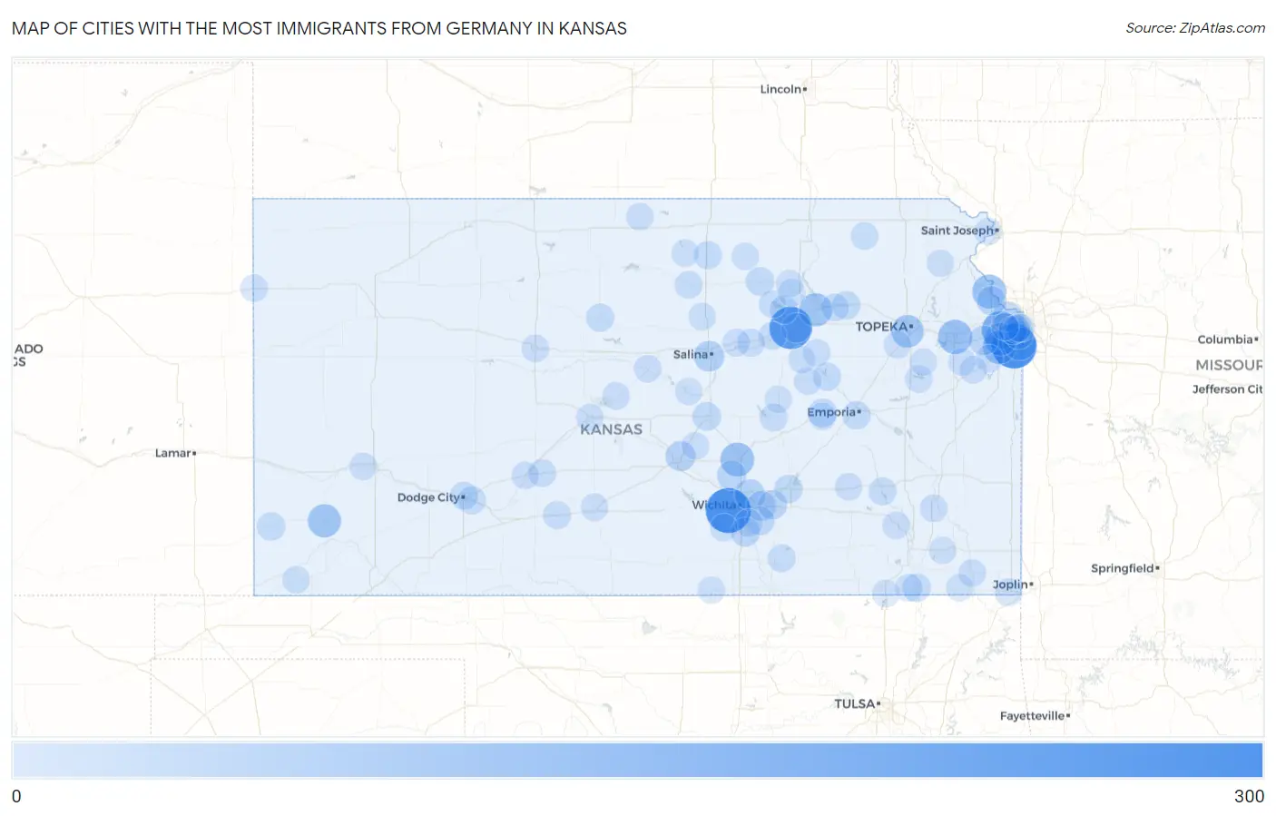 Cities with the Most Immigrants from Germany in Kansas Map