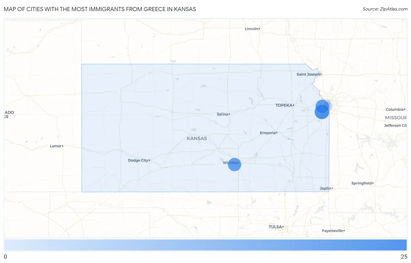 Cities with the Most Immigrants from Greece in Kansas Map
