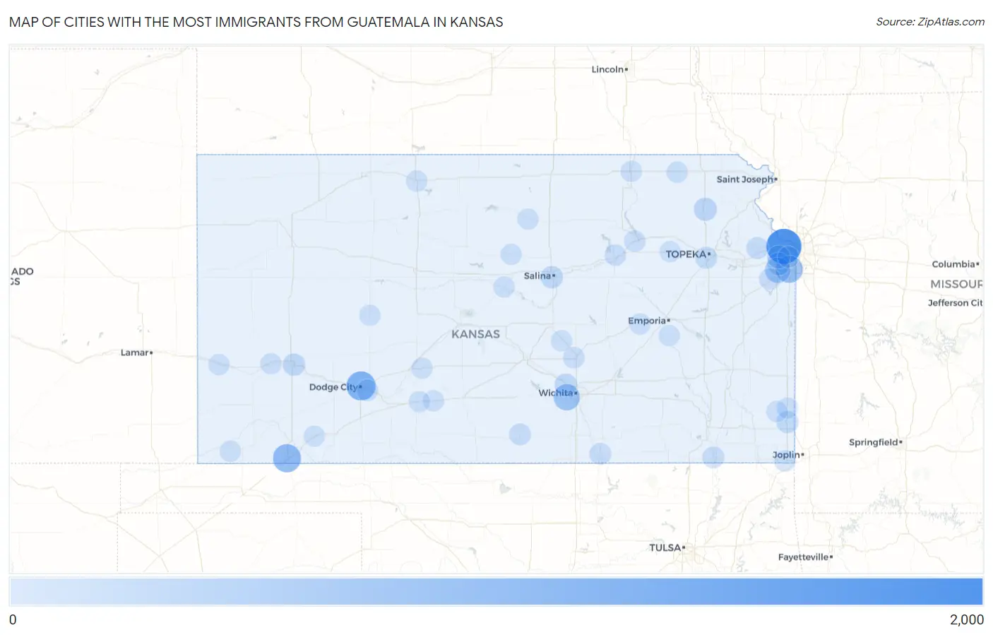 Cities with the Most Immigrants from Guatemala in Kansas Map