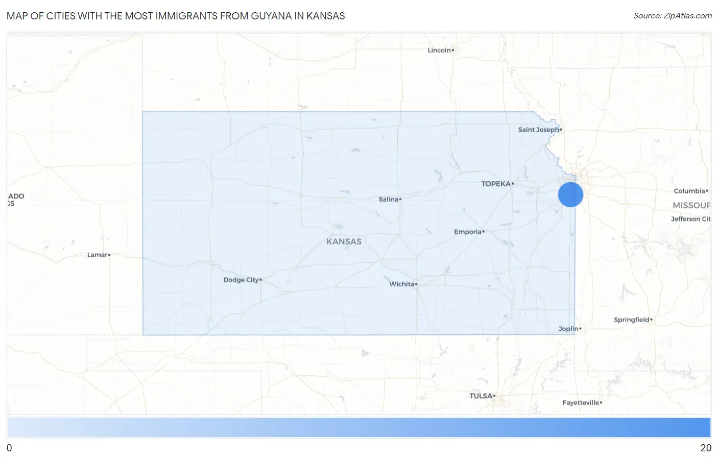 Cities with the Most Immigrants from Guyana in Kansas Map