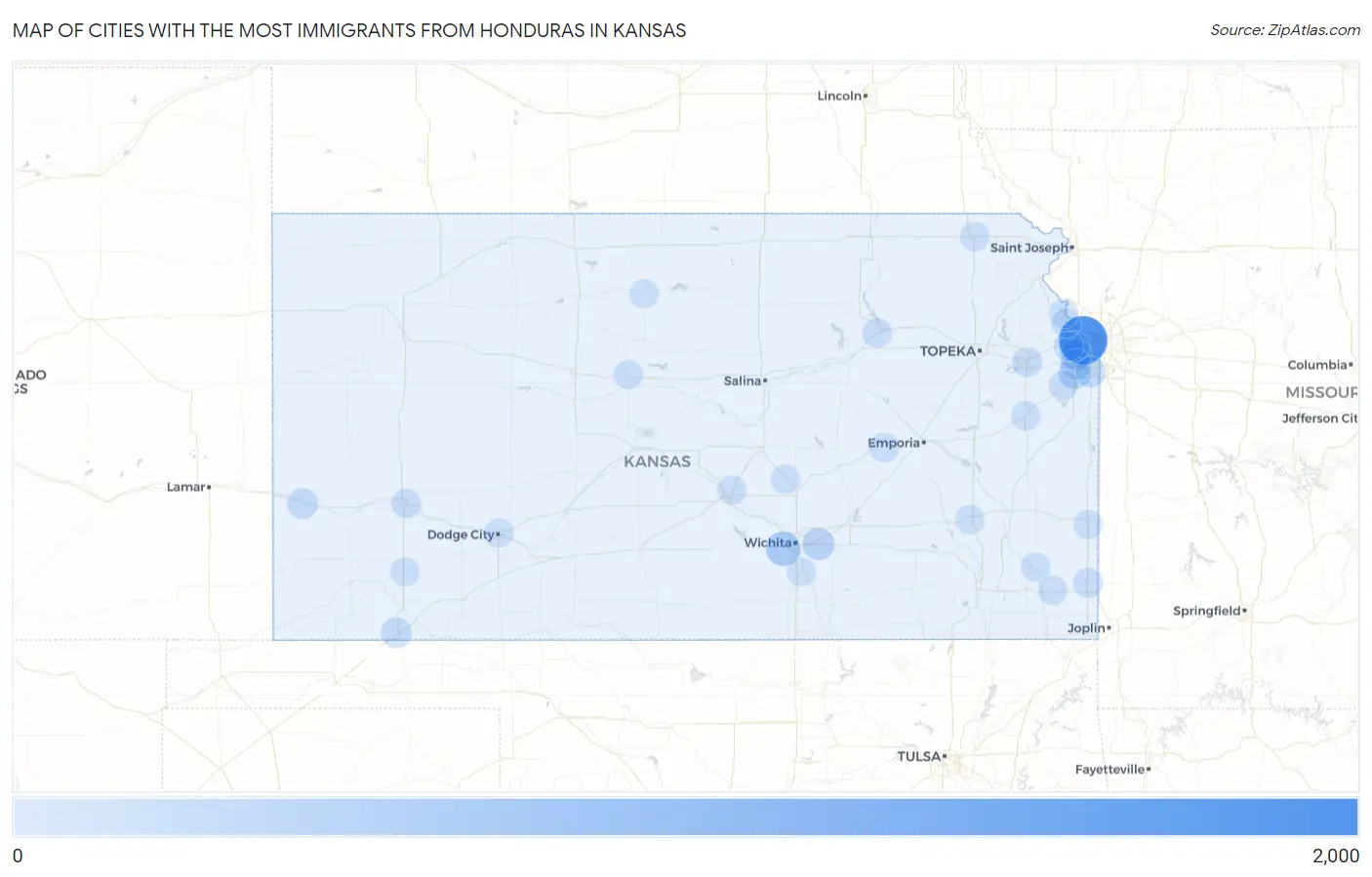 Cities with the Most Immigrants from Honduras in Kansas Map