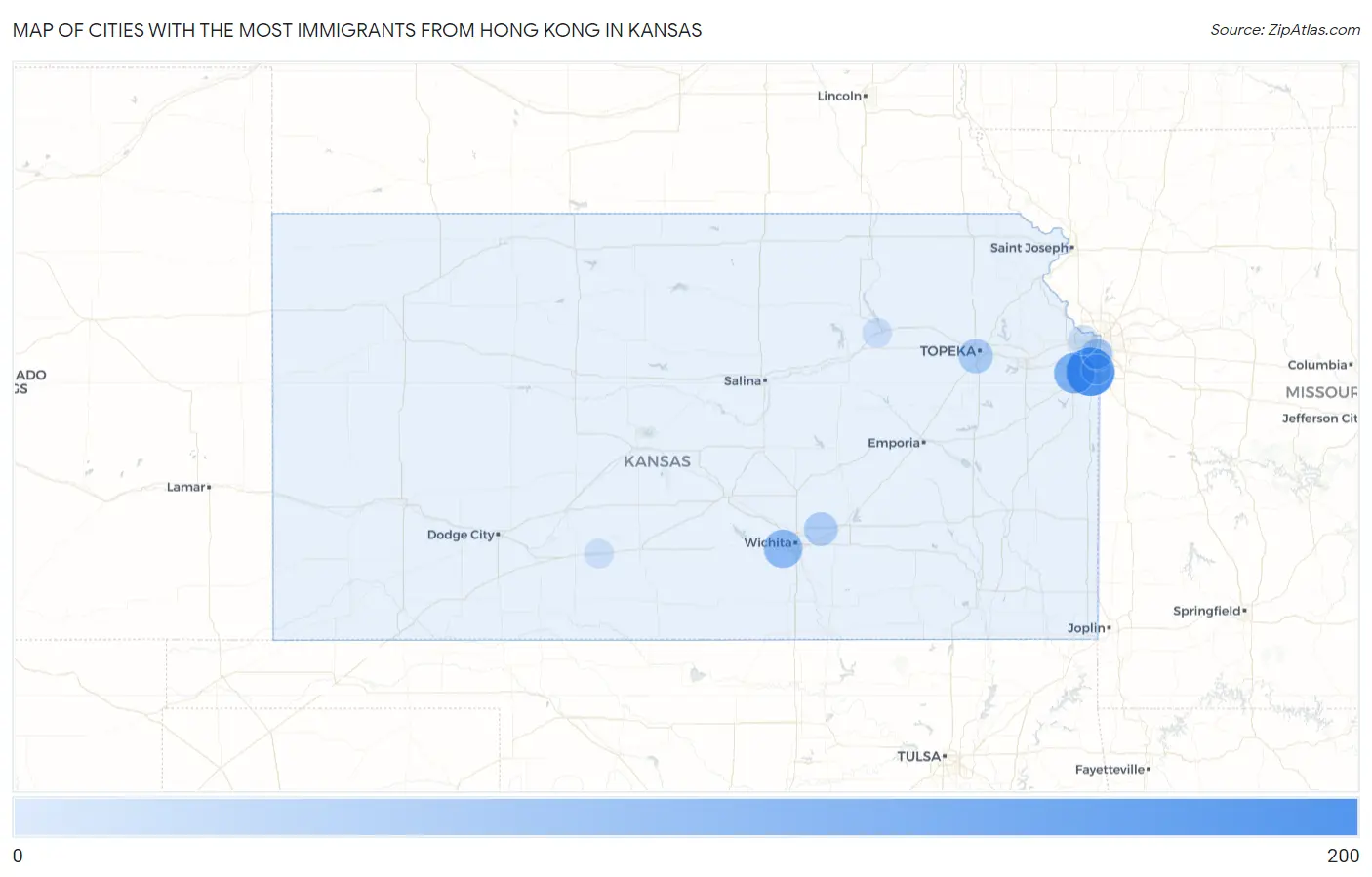 Cities with the Most Immigrants from Hong Kong in Kansas Map