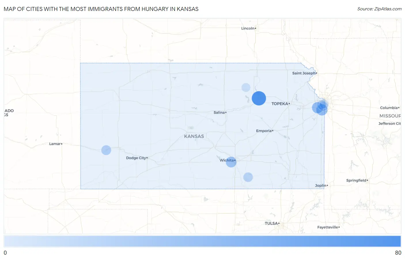 Cities with the Most Immigrants from Hungary in Kansas Map