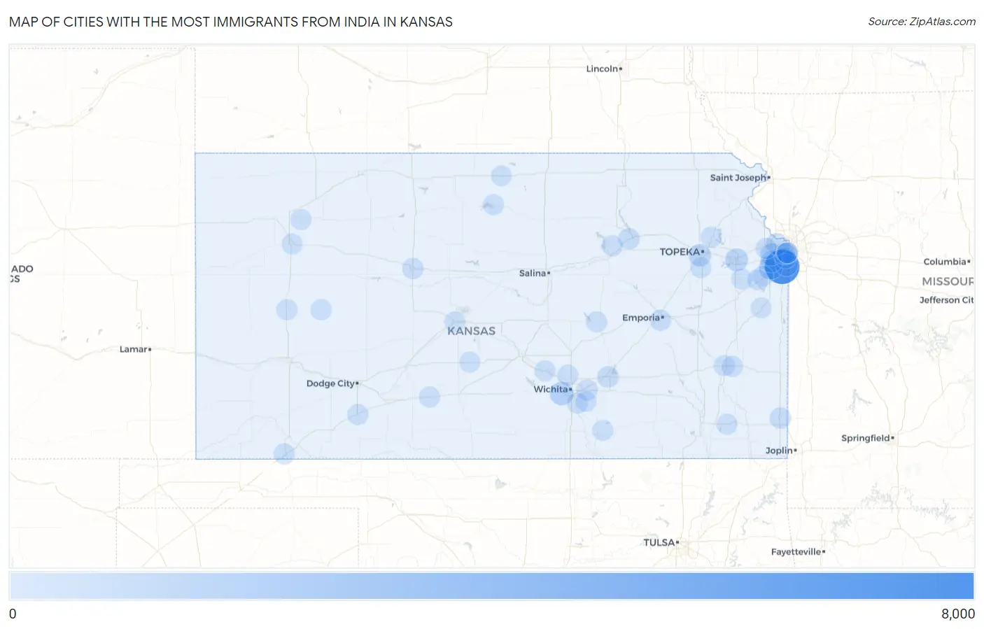 Cities with the Most Immigrants from India in Kansas Map