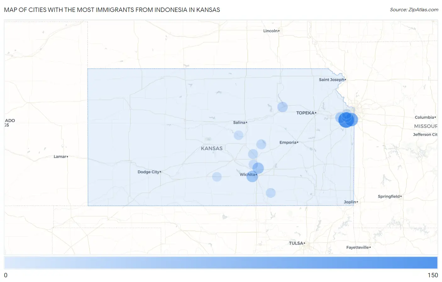 Cities with the Most Immigrants from Indonesia in Kansas Map