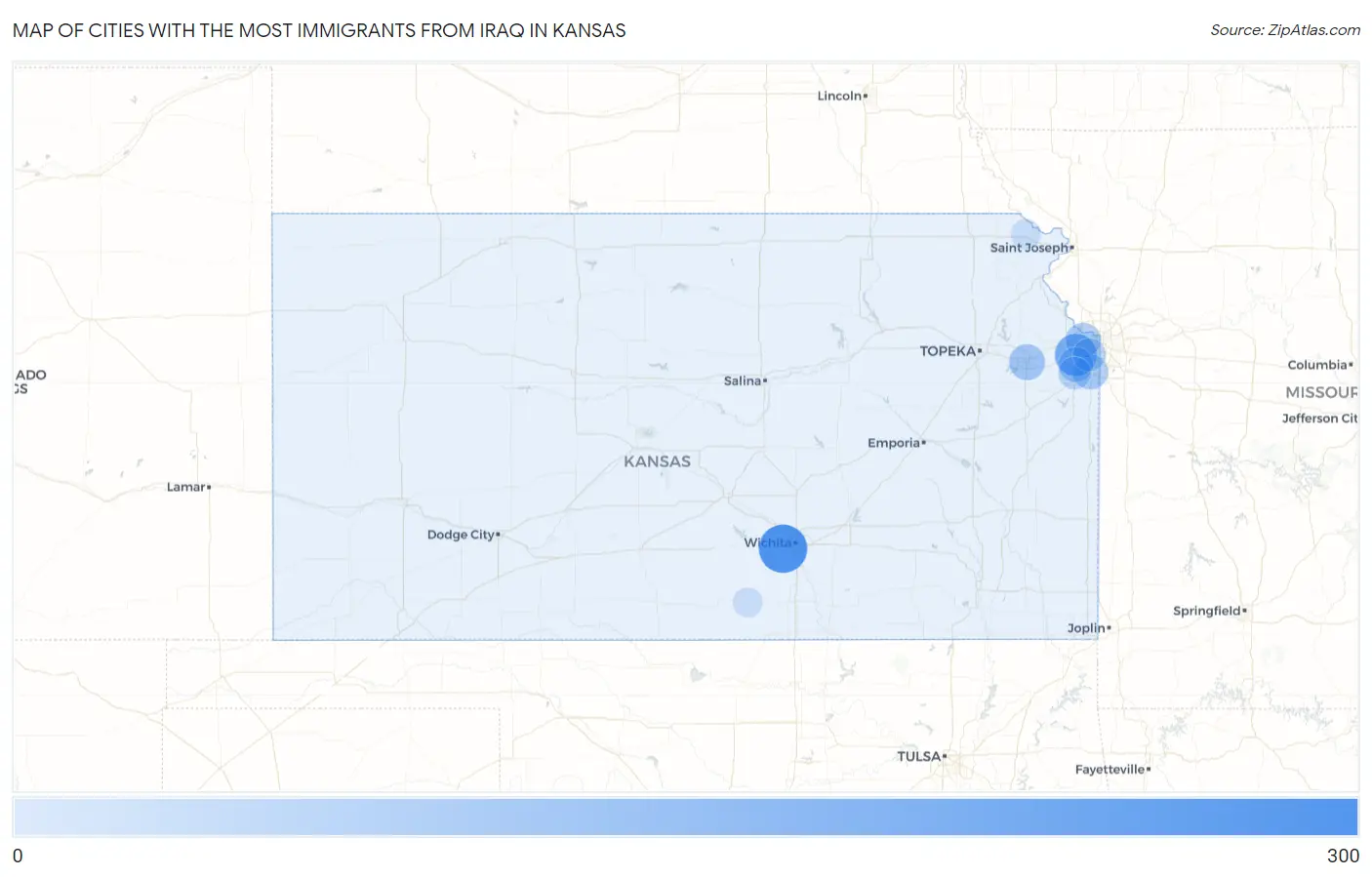 Cities with the Most Immigrants from Iraq in Kansas Map